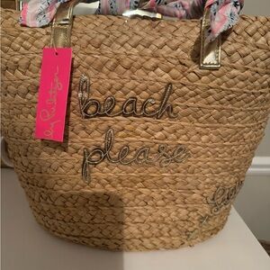 Lilly Pulitzer Tan Raffia Tote with Gold and Pink Accents